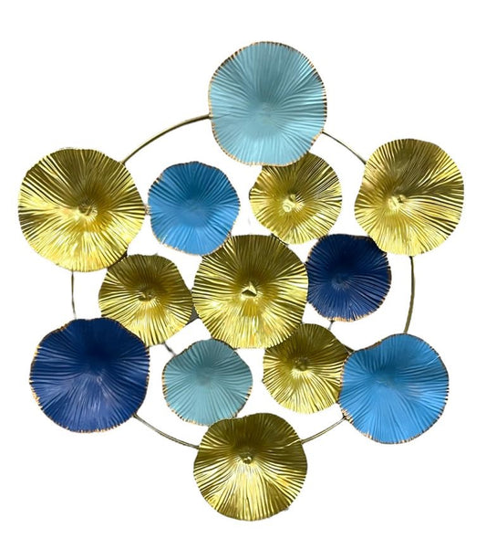 Decorazione da parete tondo metallo fiori azzurro e oro 72717 AD TREND