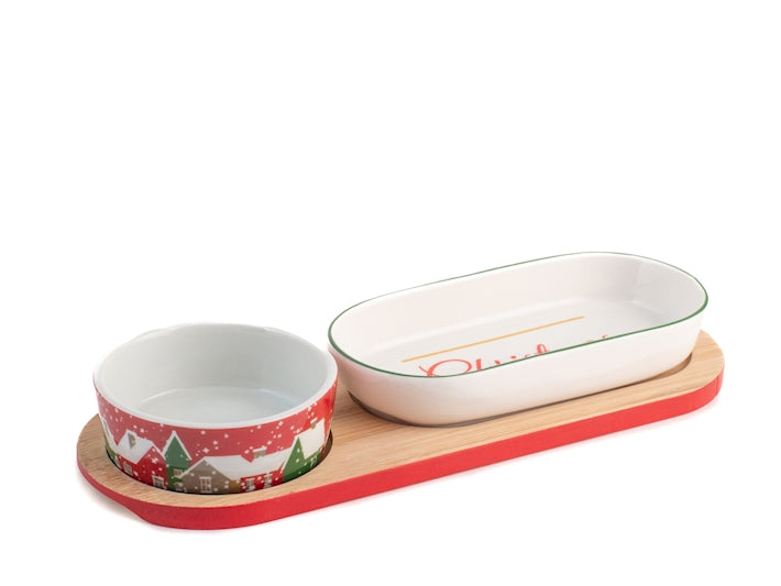 Set 2 coppette in porcellana decoro Natale con base in bambù H&H Lifestyle