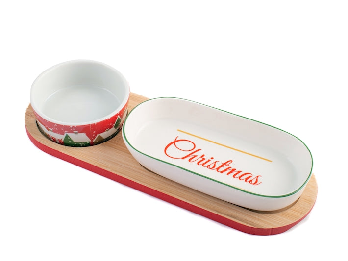 Set 2 coppette in porcellana decoro Natale con base in bambù H&H Lifestyle