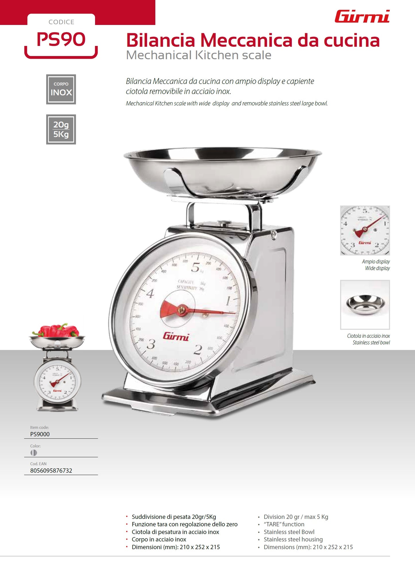 Bilancia da cucina meccanica acciaio inox PS90 Girmi